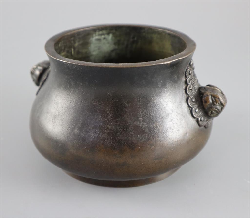 A Chinese bronze baluster censer, Xuande four character mark, but later, 16cm wide